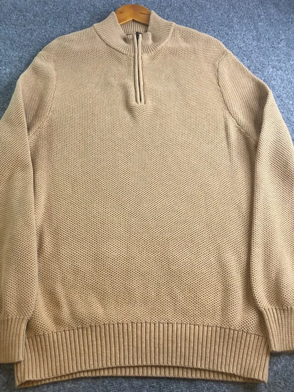 J. Crew Sweater Mens XL Tan 1/4 Zip Honeycomb Knit Pullover Long Sleeve Cotton